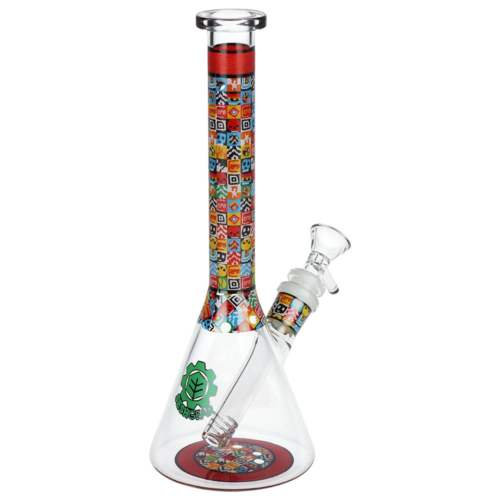 SeshGear Icon Blocks Pattern Beaker Glass Water Pipe - 10" / 14mm F / Colors Vary