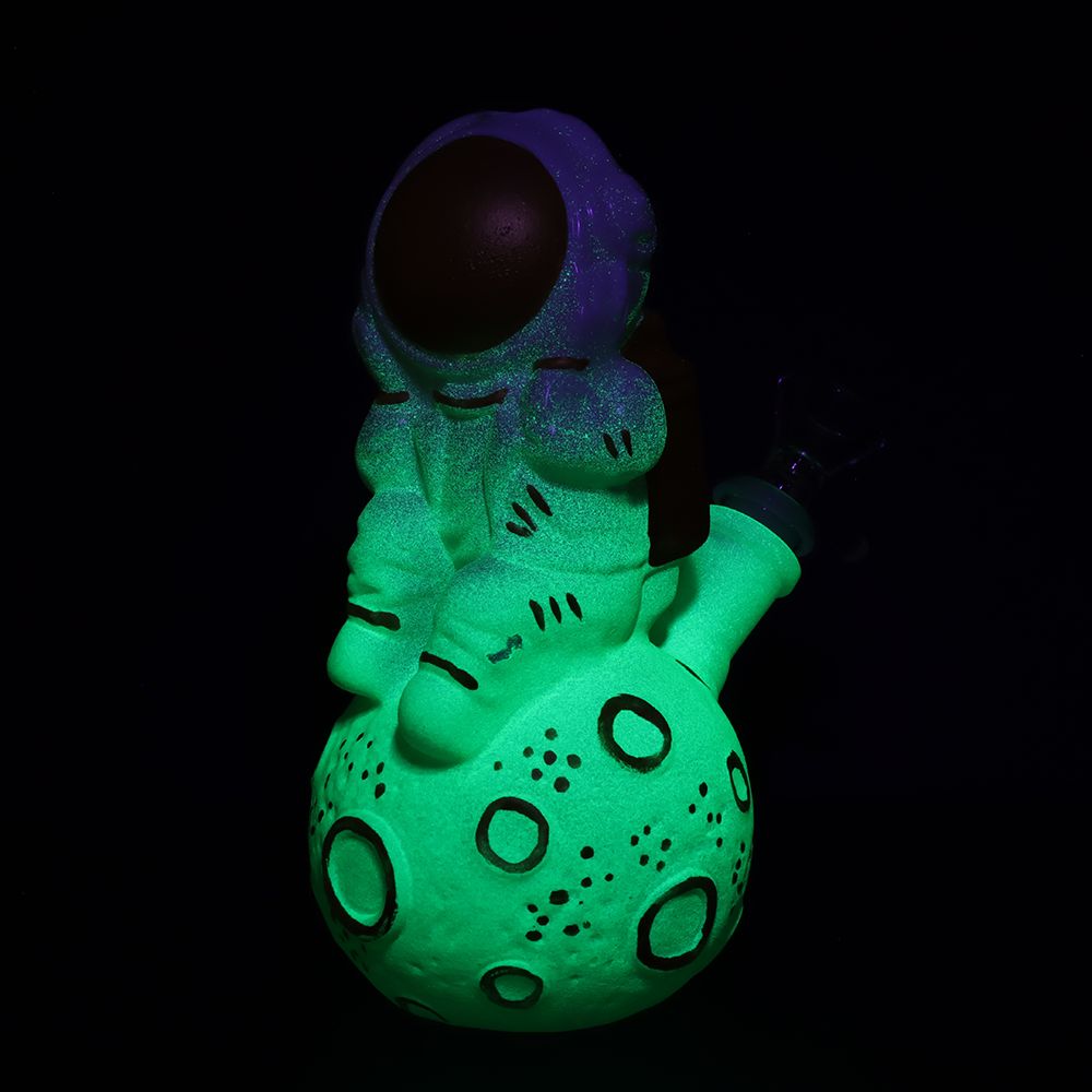 Dreamy Astronaut Glow In The Dark Painted Glass Water Pipe - 6.75" / 14mm F / Colors Vary