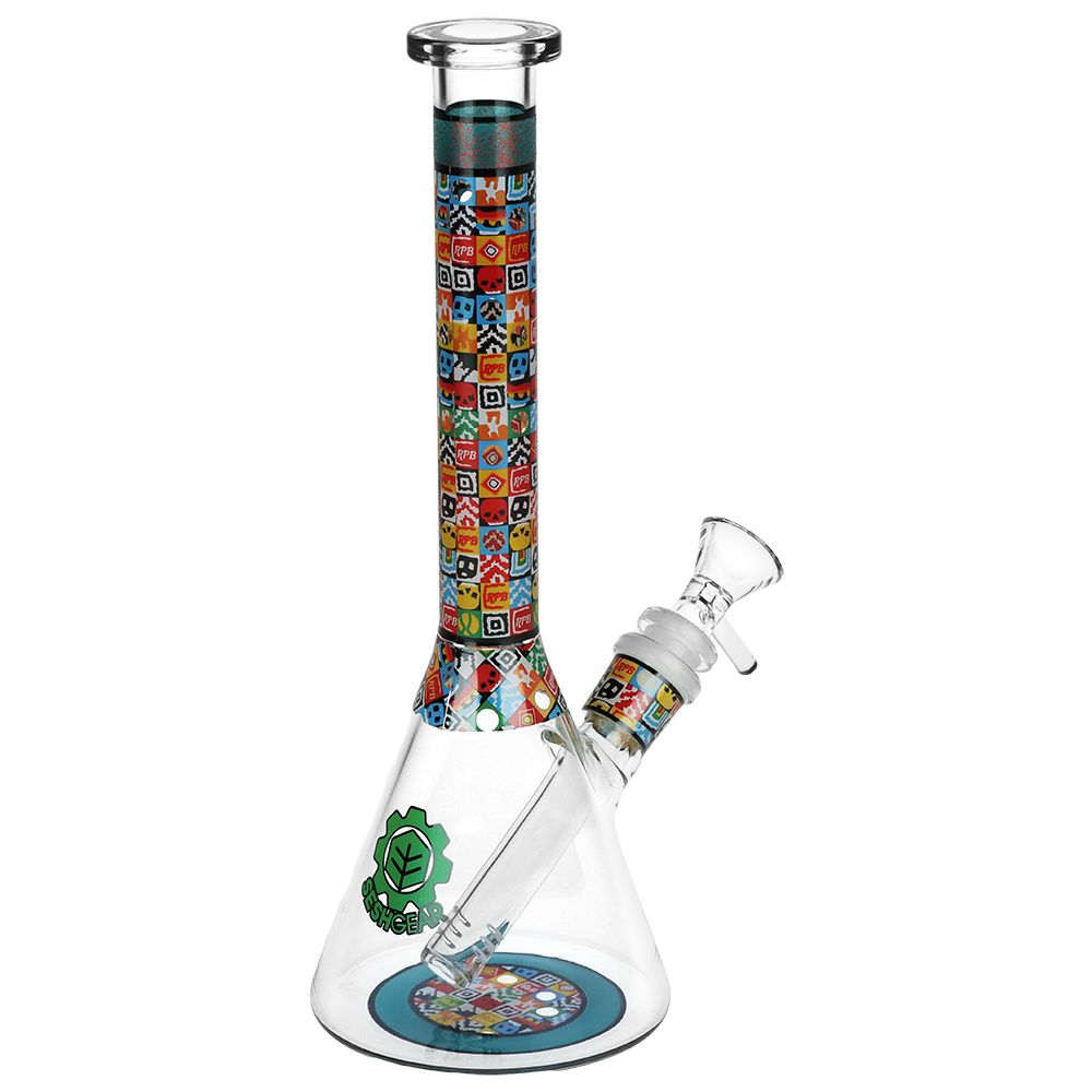 SeshGear Icon Blocks Pattern Beaker Glass Water Pipe - 10" / 14mm F / Colors Vary