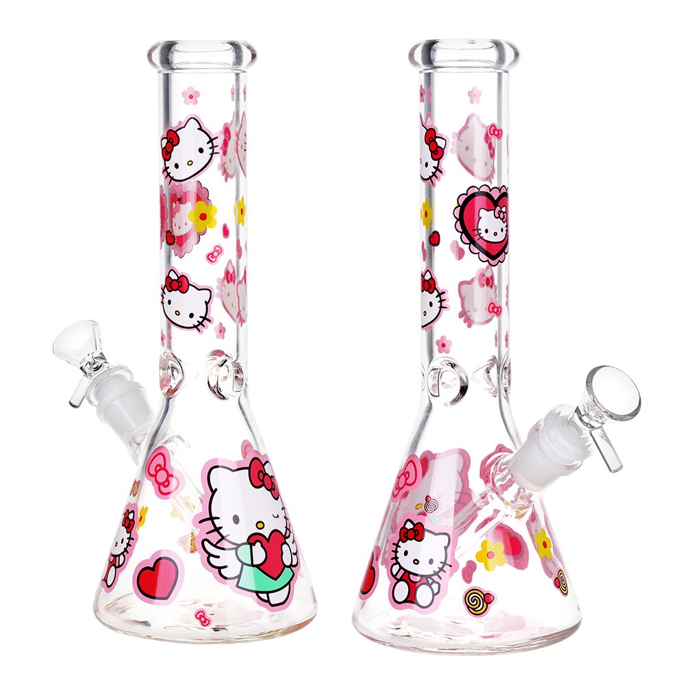 Heart Loving Cute Kitty Beaker Glass Water Pipe - 10" / 14mm F