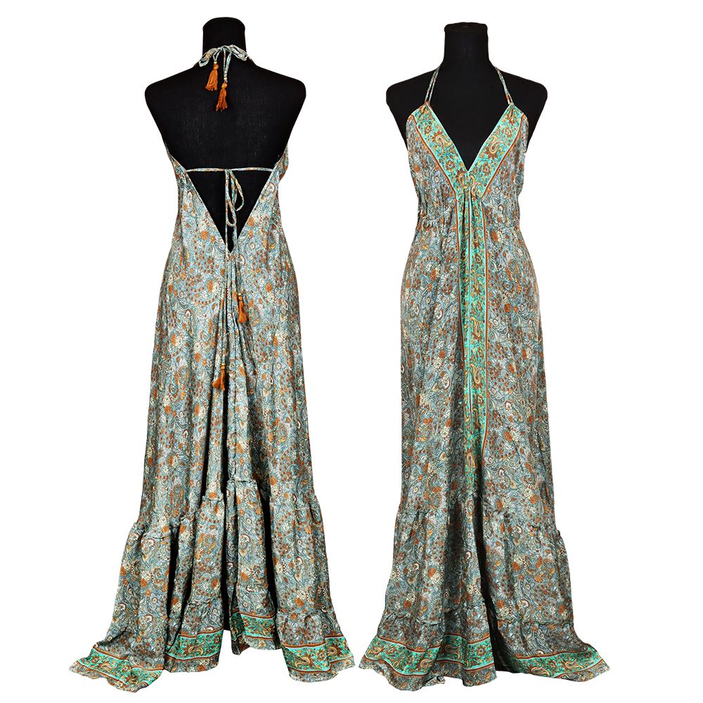Halter Top Tie Front Silk Full Length Dress