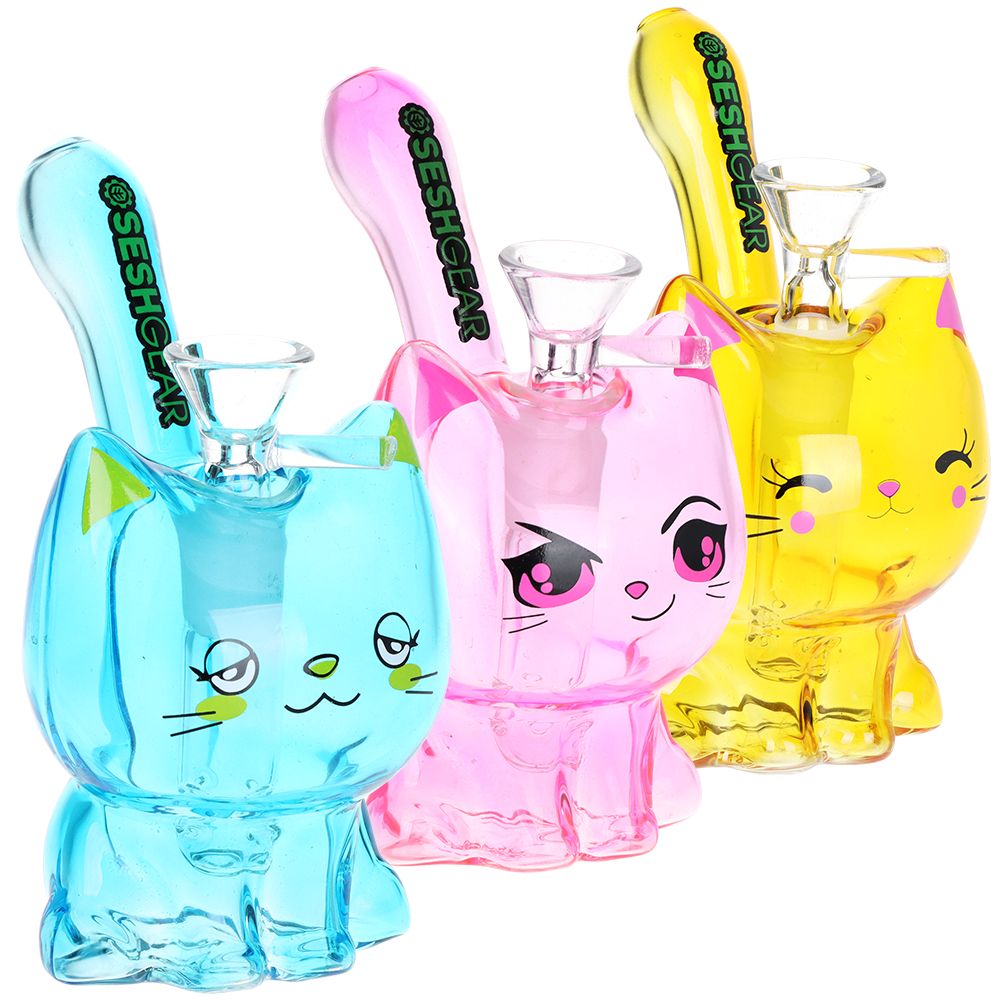 SeshGear Kitty Cat Glass Water Pipe | 5.5" | 14mm F | Colors Vary