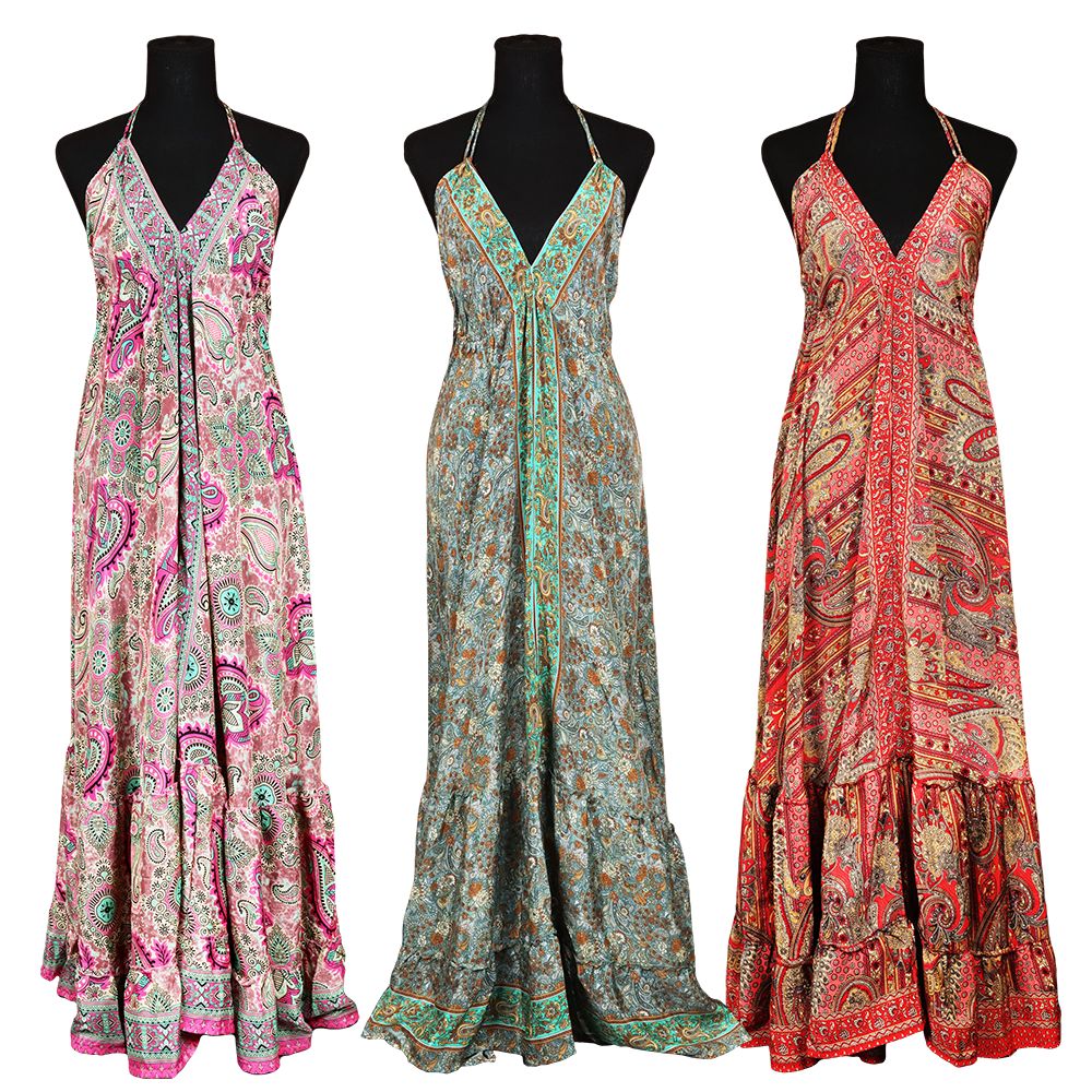 Halter Top Tie Front Silk Full Length Dress