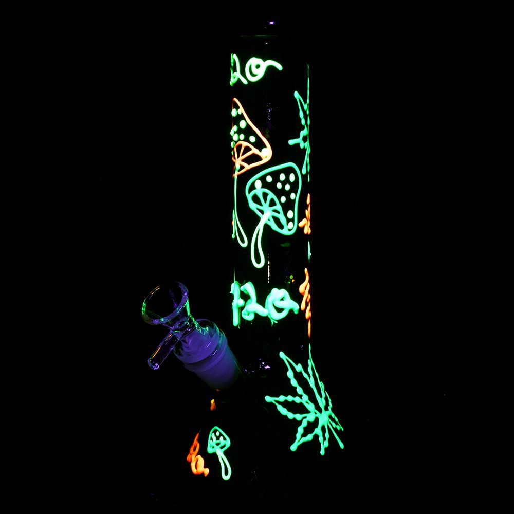 Hemp Leaf Glow In The Dark Beaker Glass Bong - 9.25" / 14mm F