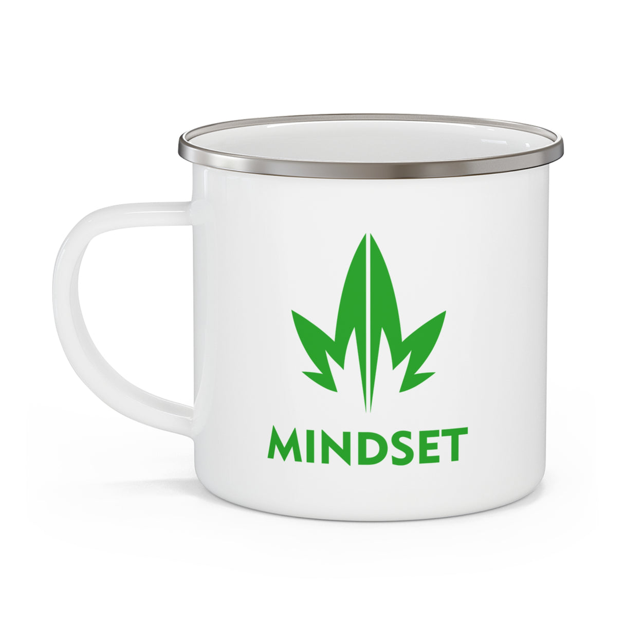 Mindset Enamel Camping Mug, Green Leaf Logo