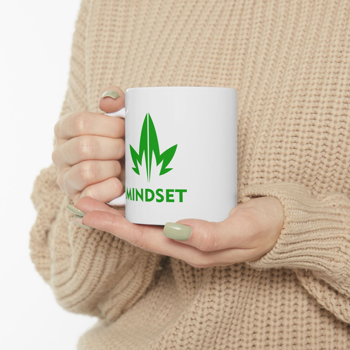 Mindset Ceramic Mug 11oz, Green Leaf Logo