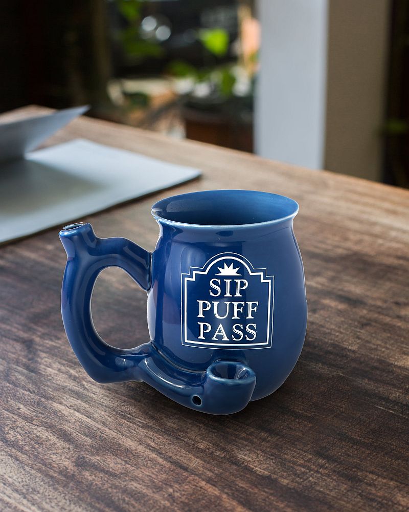 Sip Puff Pass mug - Blue with white letters