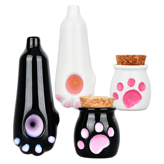Cat Paw Glass Hand Pipe & Jar Set - 4" / Colors Vary