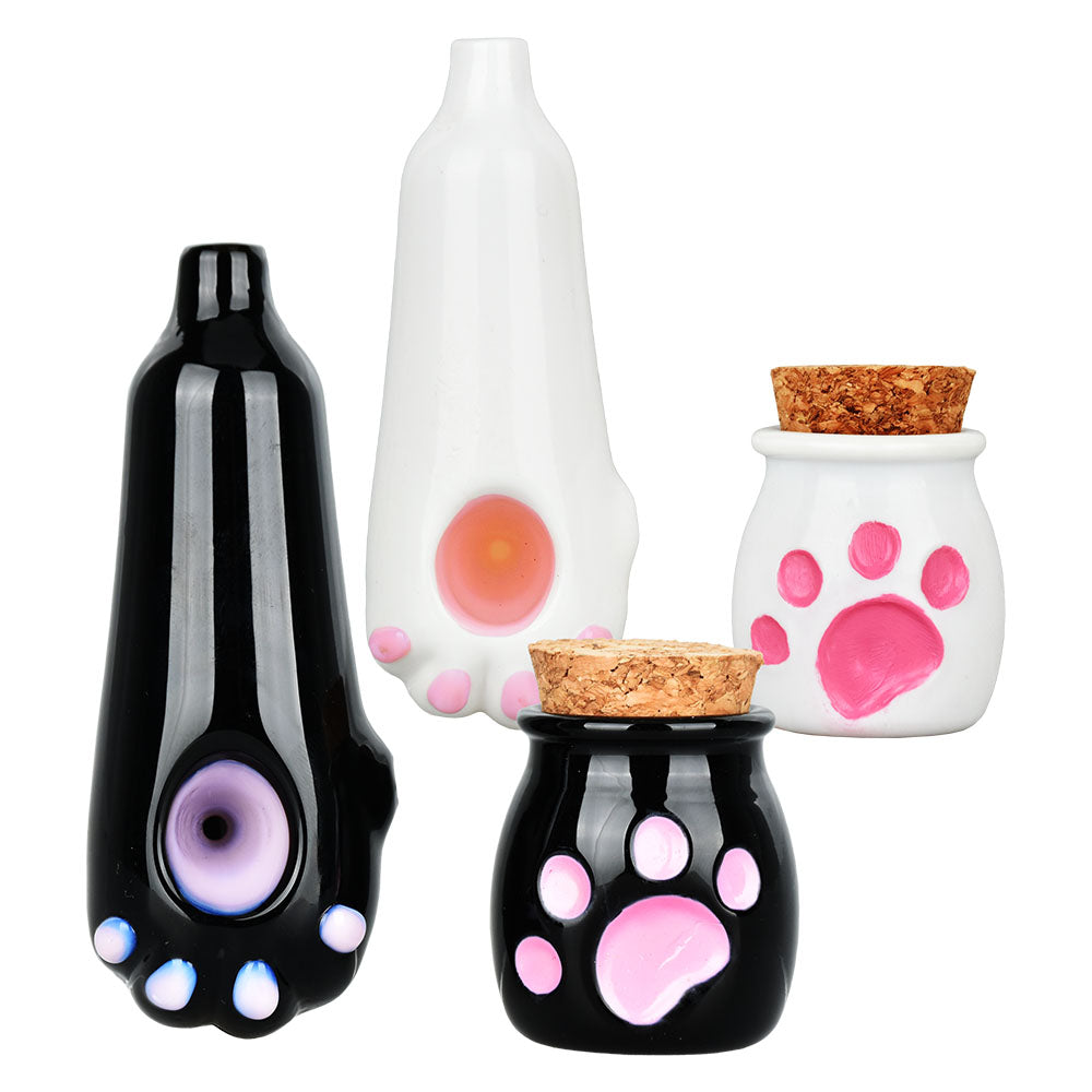 Cat Paw Glass Hand Pipe & Jar Set - 4" / Colors Vary