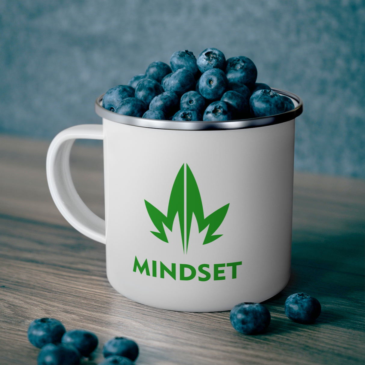 Mindset Enamel Camping Mug, Green Leaf Logo