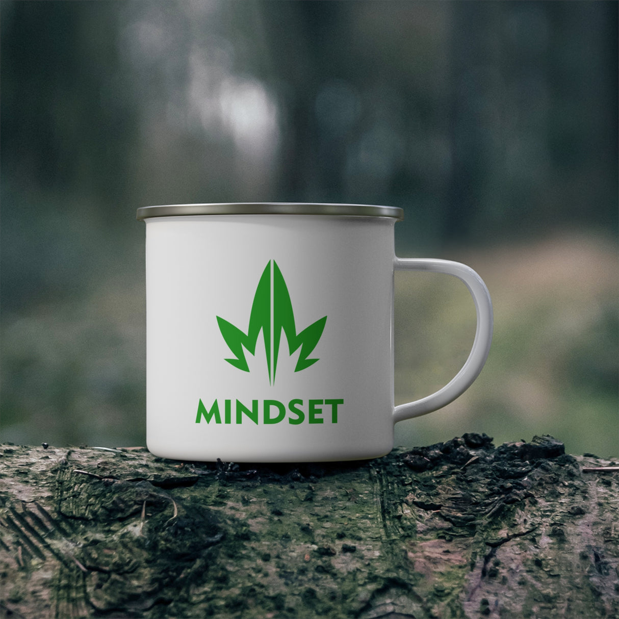 Mindset Enamel Camping Mug, Green Leaf Logo