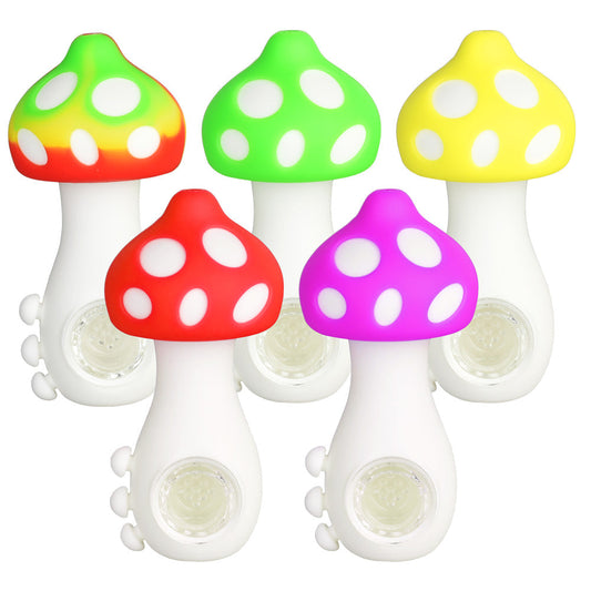 Mushroom Silicone Hand Pipe w/ Glass Bowl - 4.25"/Colors Vary
