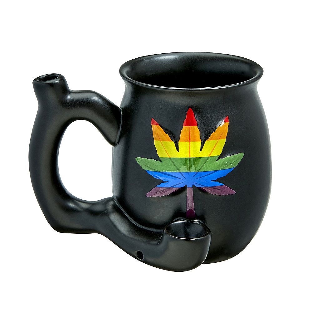 embossed leaf matt black mug - rainbow leaf