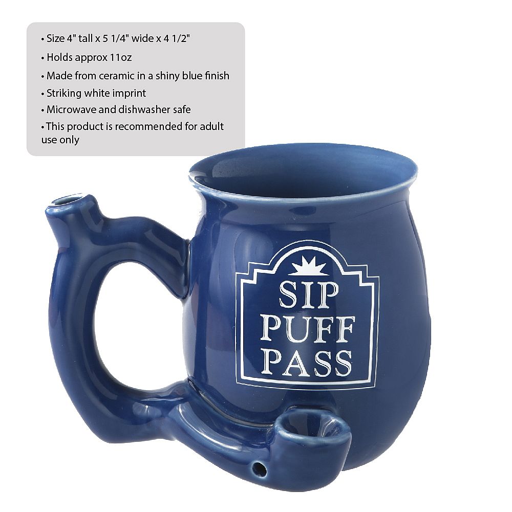 Sip Puff Pass mug - Blue with white letters