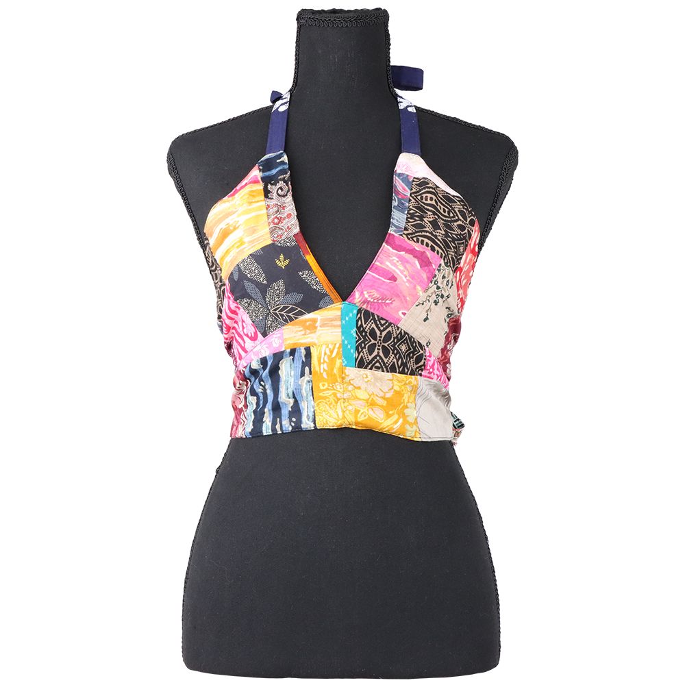 Patchwork Tie Halter Crop Top - One Size